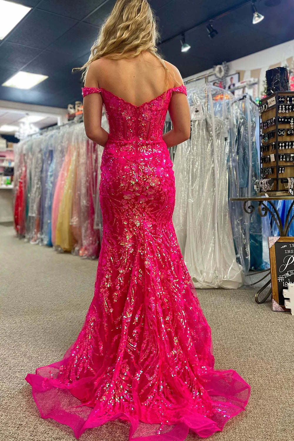 Mermaid Sleek Glittering Sparkle Off The Shoulder Fuchsia Corset Prom Dress With Slit