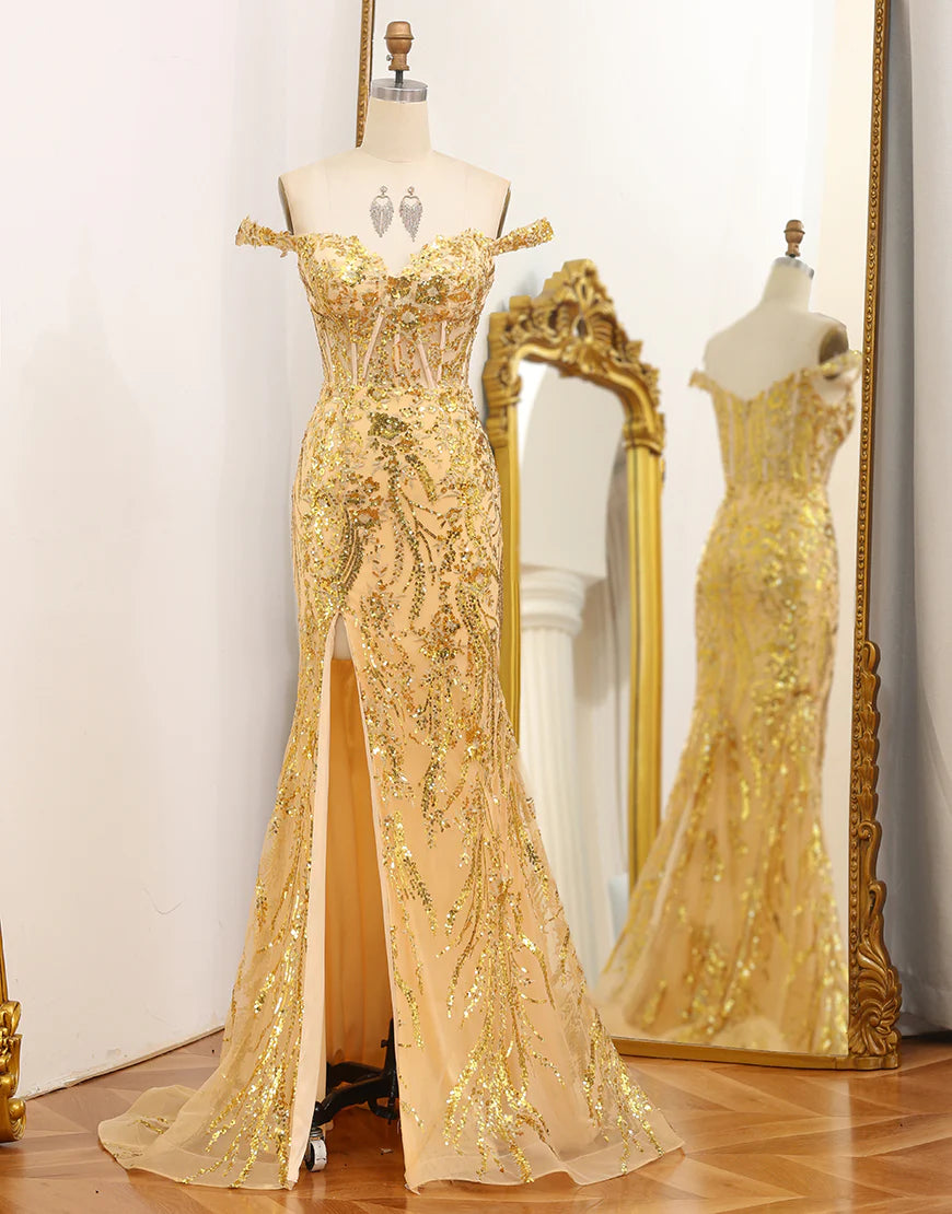 Mermaid Off The Shoulder Golden Corset Long Prom Dress with Slit