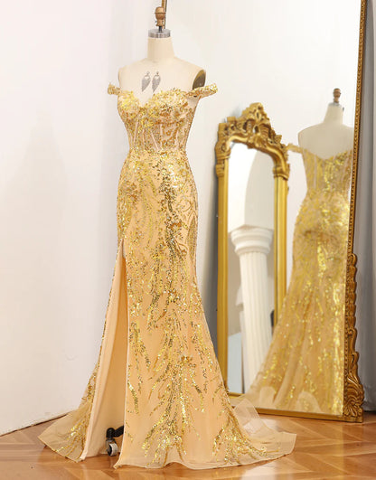 Mermaid Off The Shoulder Golden Corset Long Prom Dress with Slit