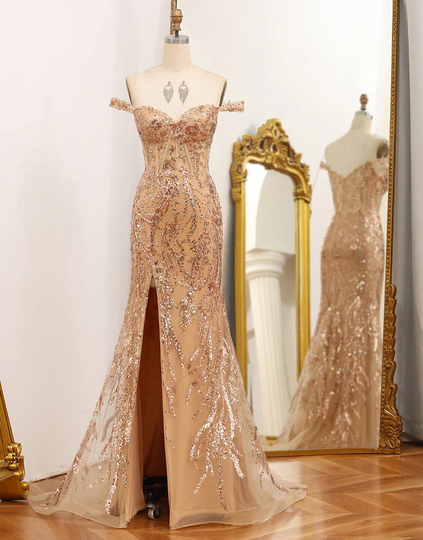 Mermaid Off The Shoulder Golden Corset Long Prom Dress with Slit