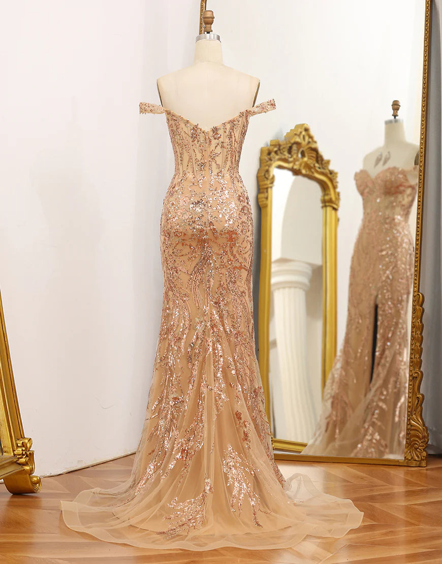 Mermaid Off The Shoulder Golden Corset Long Prom Dress with Slit