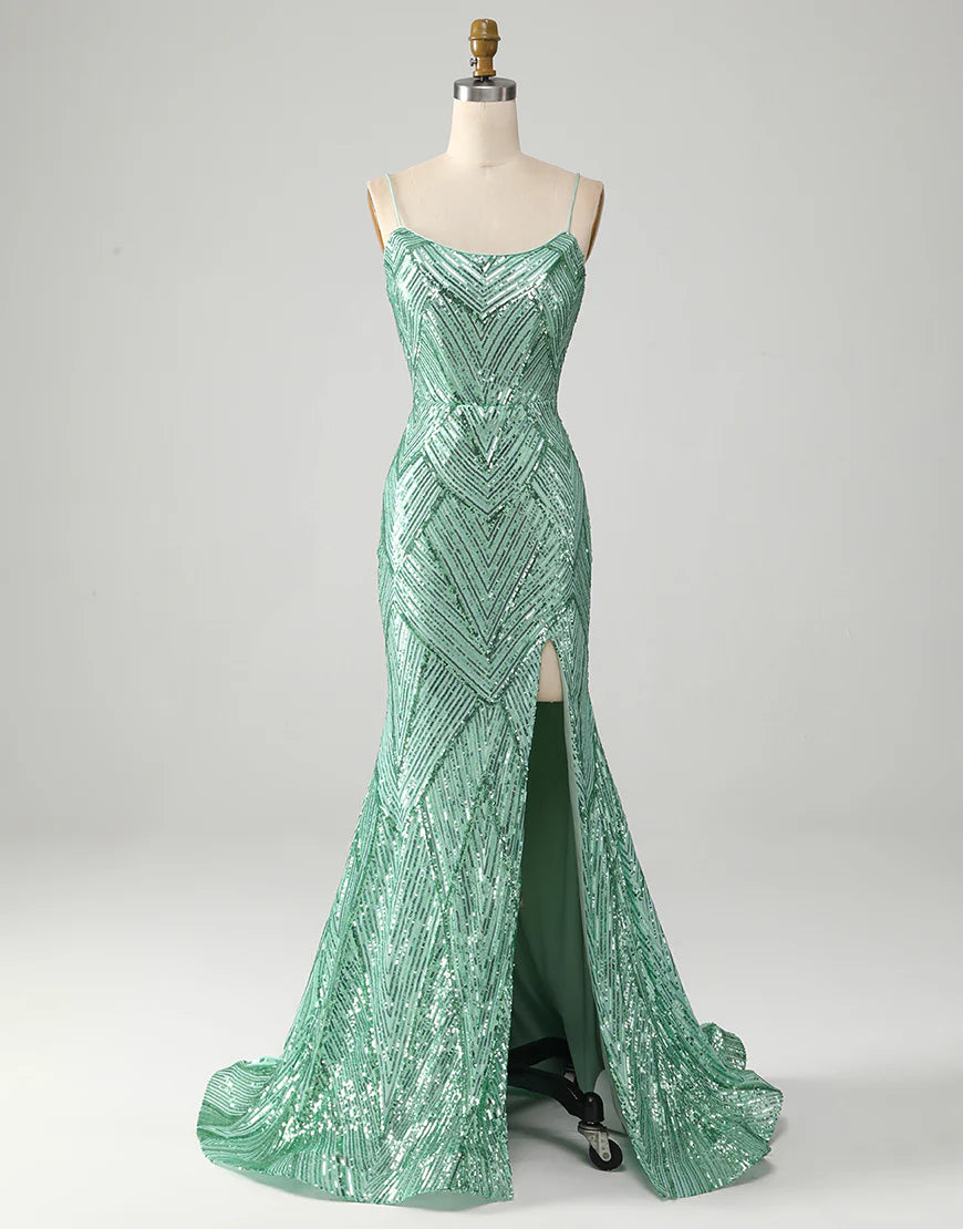 Mermaid Spaghetti Strap Glitter Green Long Sequins Prom Dress With Slit