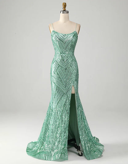 Mermaid Spaghetti Strap Glitter Green Long Sequins Prom Dress With Slit