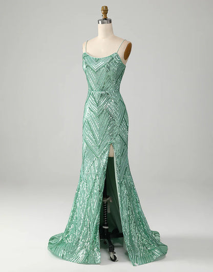 Mermaid Spaghetti Strap Glitter Green Long Sequins Prom Dress With Slit