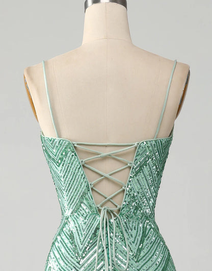 Mermaid Spaghetti Strap Glitter Green Long Sequins Prom Dress With Slit