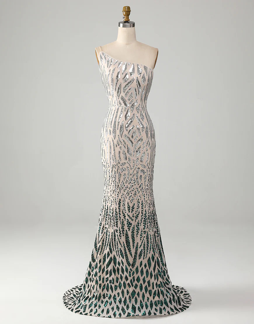 Mermaid One Shoulder Sparkly Dark Green Sequins Long Prom Dress