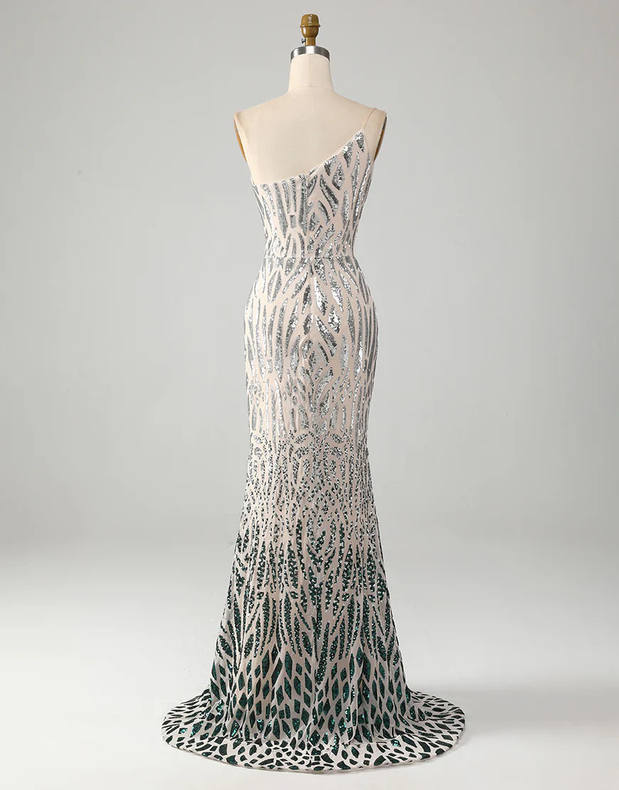 Mermaid One Shoulder Sparkly Dark Green Sequins Long Prom Dress