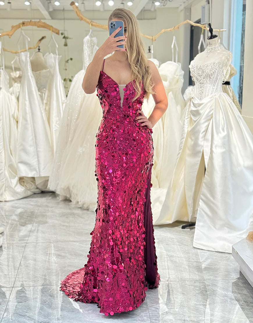 Mermaid Spaghetti Straps Sparkly Fuchsia Corset Long Prom Dress With Slit
