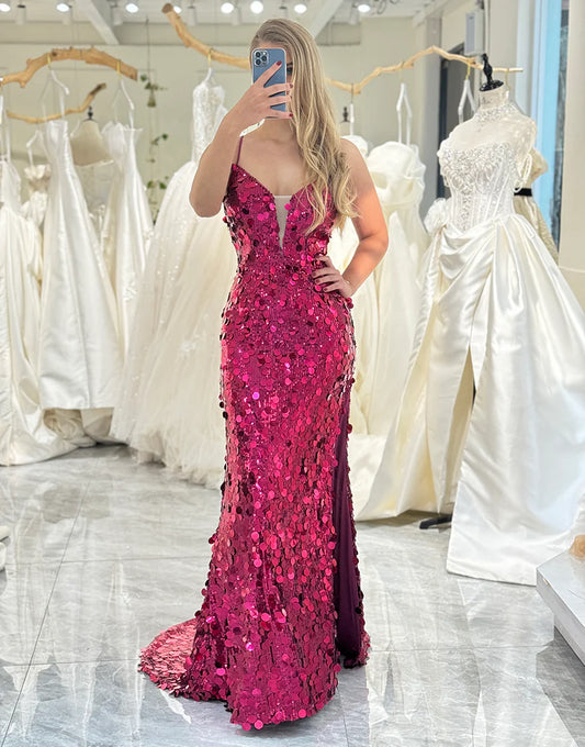 Mermaid Spaghetti Straps Sparkly Fuchsia Corset Long Prom Dress With Slit