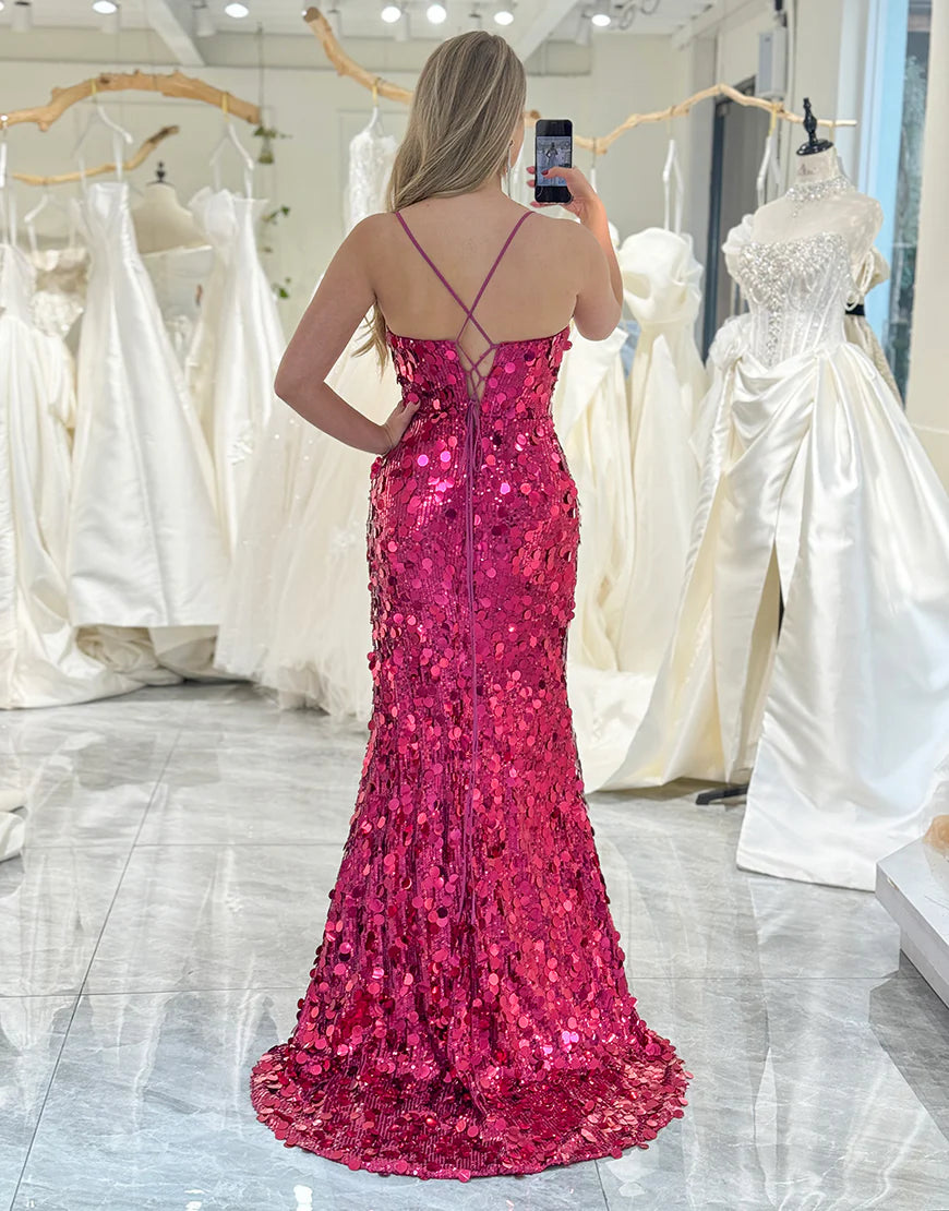Mermaid Spaghetti Straps Sparkly Fuchsia Corset Long Prom Dress With Slit