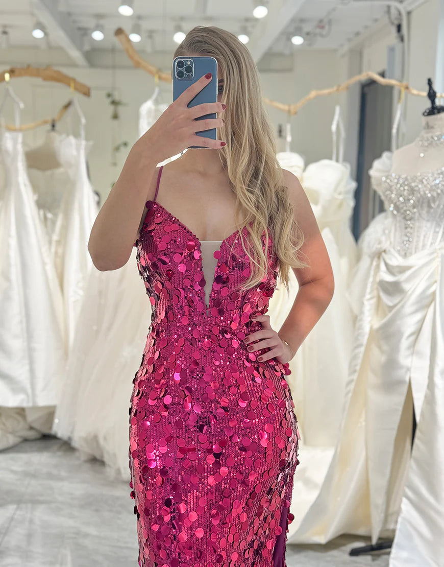 Mermaid Spaghetti Straps Sparkly Fuchsia Corset Long Prom Dress With Slit