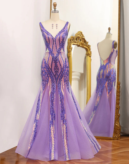 Mermaid Low V Neck Sequins Long Prom Dress