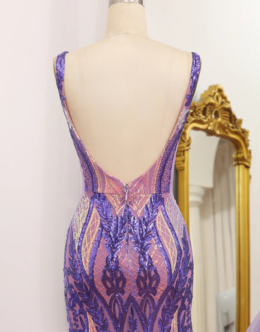 Mermaid Low V Neck Sequins Long Prom Dress