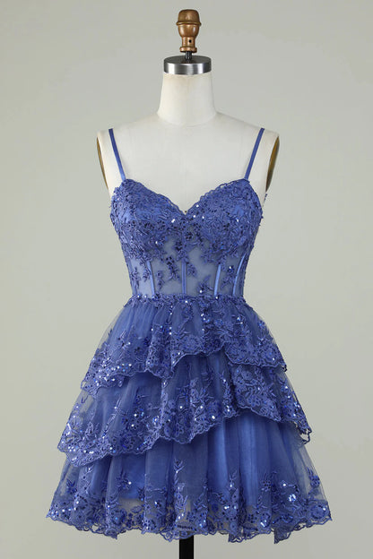 Sparkly Spaghetti Straps Sequins Tiered Homecoming Dresses With Embroidery