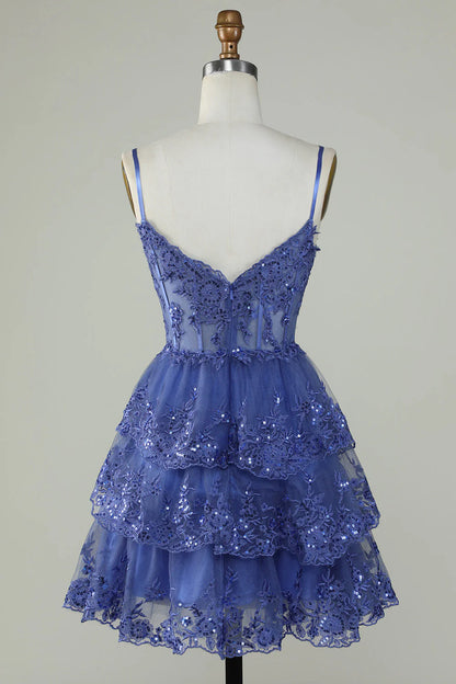 Sparkly Spaghetti Straps Sequins Tiered Homecoming Dresses With Embroidery