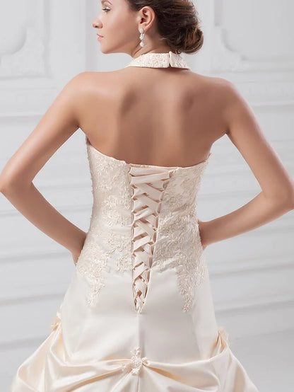 A-Line Wedding Dresses Halter Neck Chapel Train Lace Satin Regular Straps with Pick Up Skirt Beading Appliques