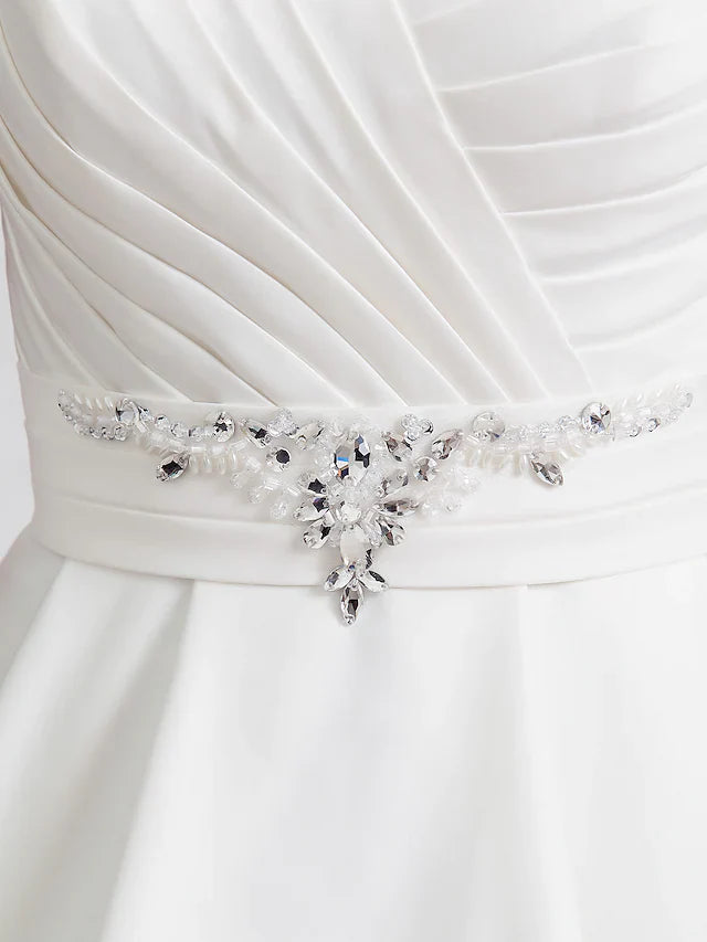 Princess A-Line Wedding Dresses Sweetheart Neckline Satin Sleeveless with Sash Ribbon Ruched Beading