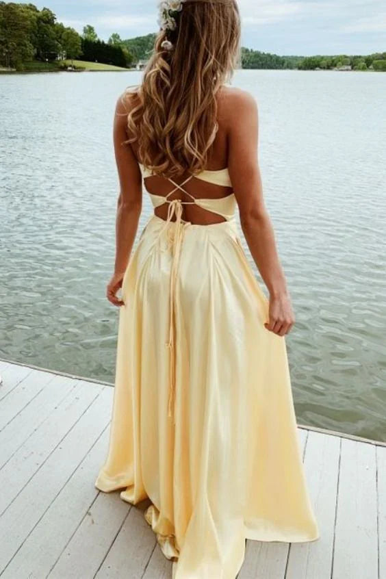Elegant Yellow A Line V-neck Sleeveless Long Prom Dress Cross Back Simple Evening Party Dress Formal Dress