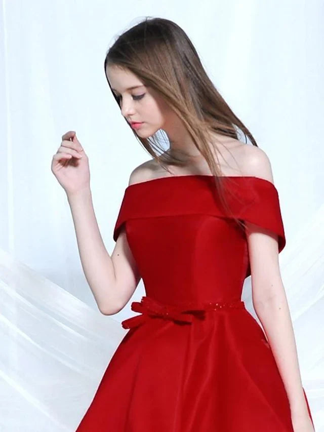 A-Line Elegant Engagement Cocktail Party Dress Off Shoulder Sleeveless Asymmetrical Satin with Bow