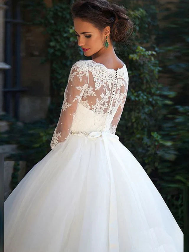 A-Line Wedding Dresses Off Shoulder Court Train Lace Tulle Length Sleeve Formal Sexy Illusion Sleeve with Appliques