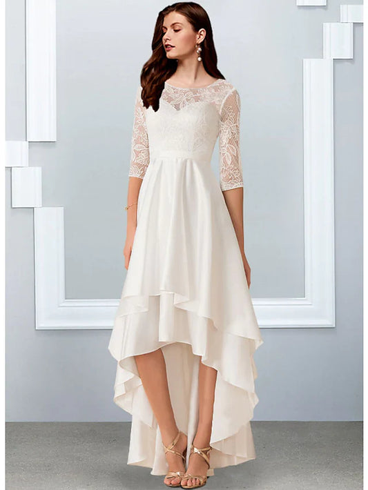 A-Line Wedding Dresses Jewel Neck Asymmetrical Chiffon Lace Half Sleeve Simple Beach with Cascading Ruffles