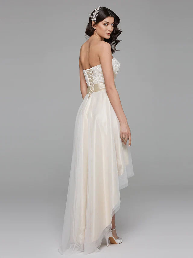A-Line Wedding Dresses Sweetheart Neckline Asymmetrical Satin Floral Lace Strapless Simple Plus Size with Sash Ribbon Beading