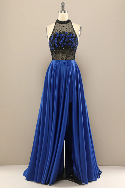 Beaded Flowers Long Prom Dress With Split