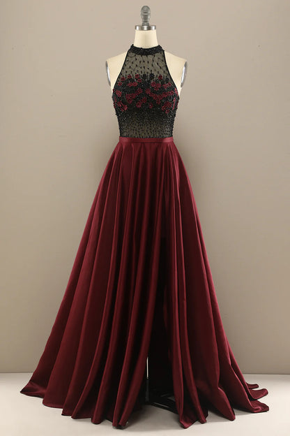 Beaded Flowers Long Prom Dress With Split