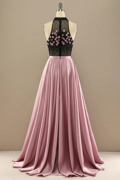 Beaded Flowers Long Prom Dress With Split