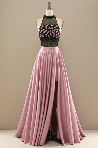 Beaded Flowers Long Prom Dress With Split