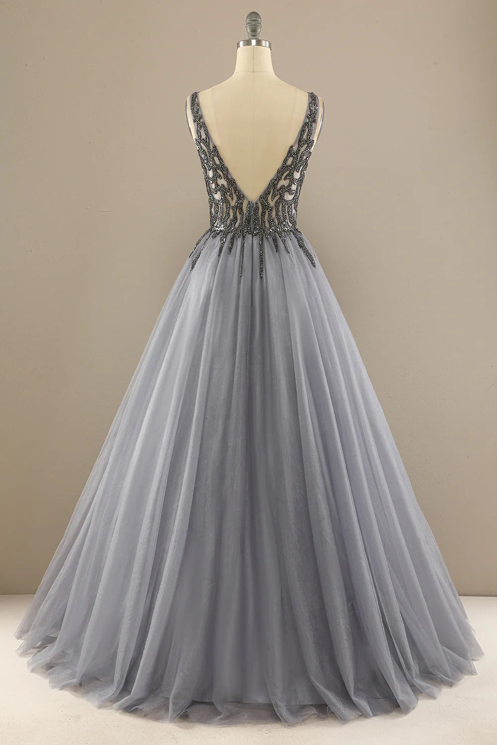 A Line Tulle V Neck Long Beading Prom Dress