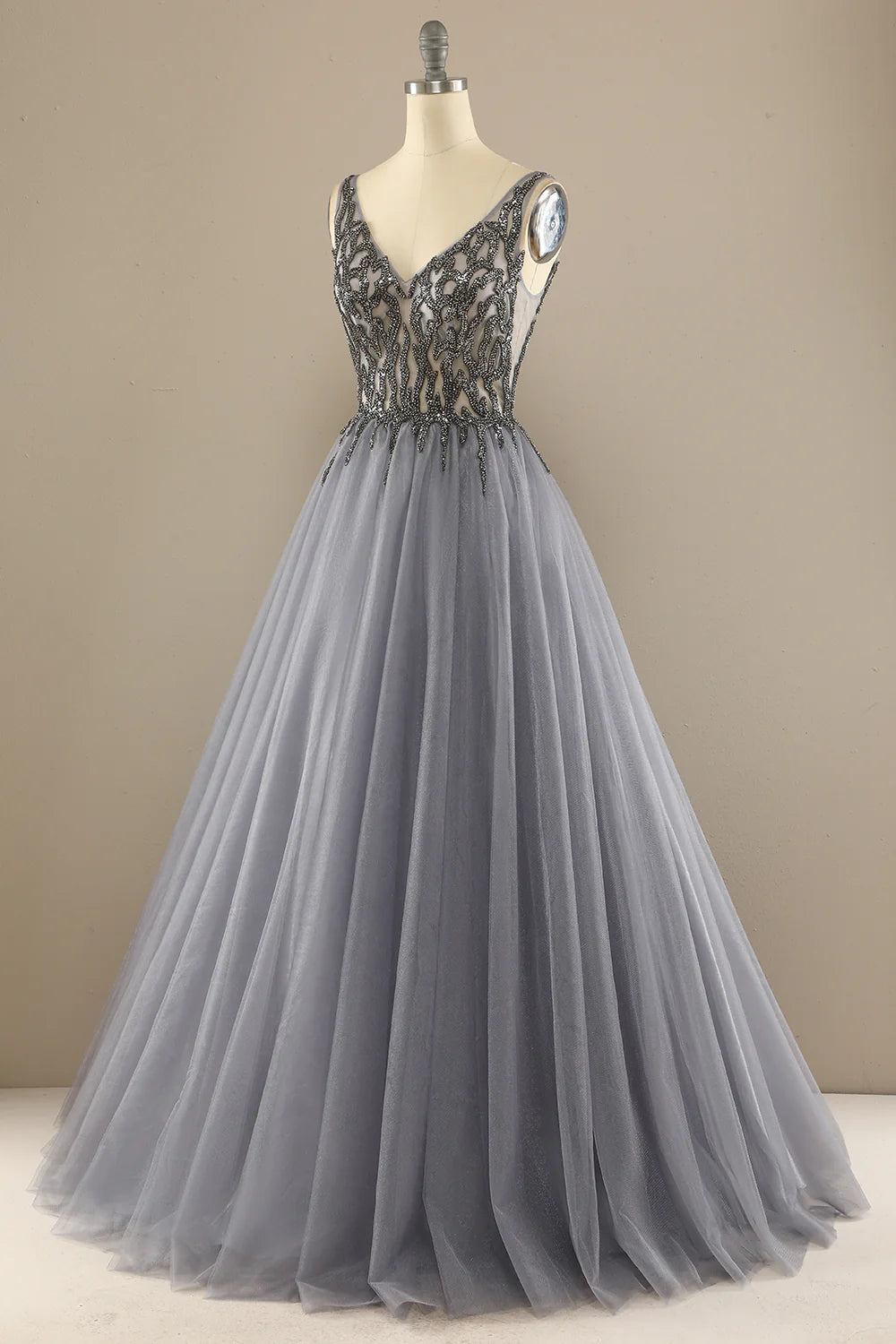 A Line Tulle V Neck Long Beading Prom Dress