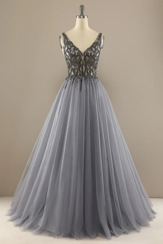 A Line Tulle V Neck Long Beading Prom Dress