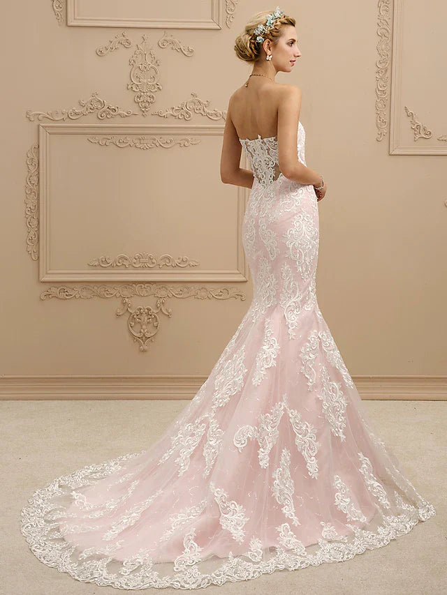 Wedding Dresses Sweetheart Neckline Court Train Lace Strapless Sexy Illusion Detail with Appliques Pink