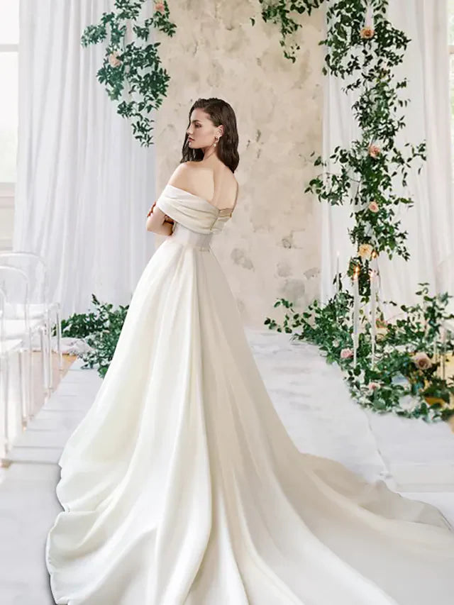 A-Line Wedding Dresses Off Shoulder Court Train Taffeta Sleeveless Simple Luxurious with Pleats Ruched Split Front