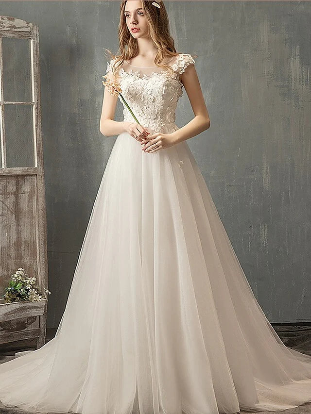 Princess A-Line Wedding Dresses Jewel Neck Lace Tulle Cap Sleeve Country Romantic with Pleats Appliques