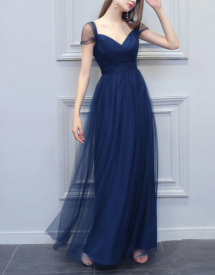 A-line Spaghetti Straps V-neck Long Tulle Bridesmaid Dress