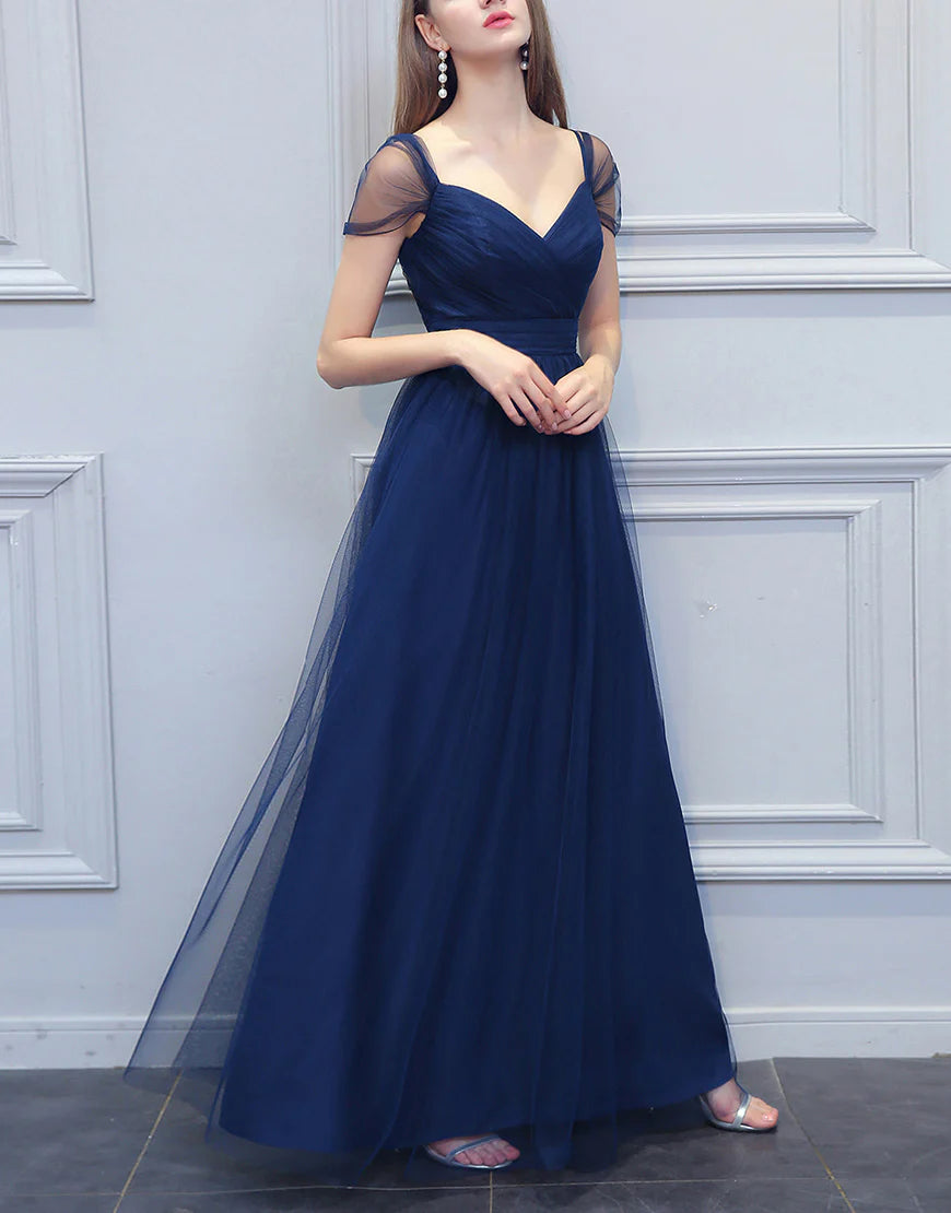 A-line Spaghetti Straps V-neck Long Tulle Bridesmaid Dress