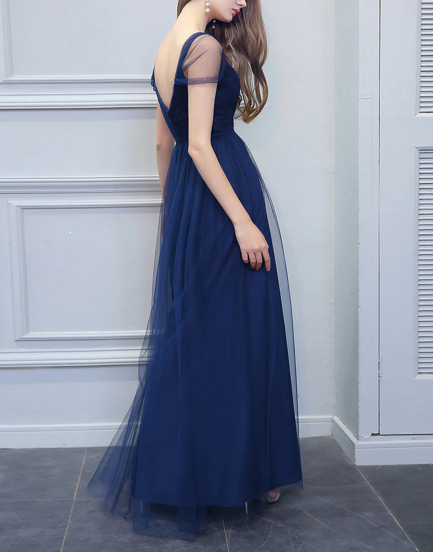 A-line Spaghetti Straps V-neck Long Tulle Bridesmaid Dress