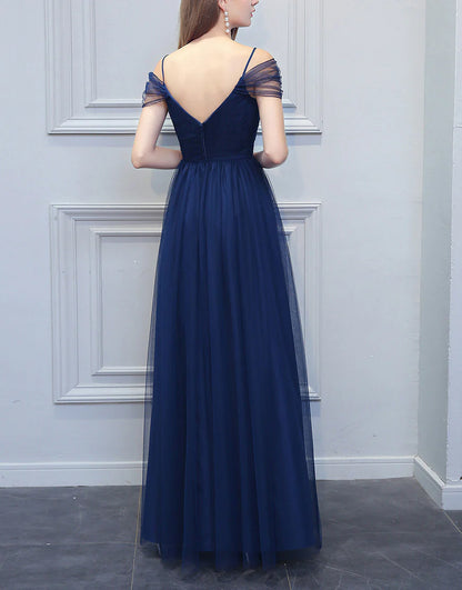 A-line Spaghetti Straps V-neck Long Tulle Bridesmaid Dress