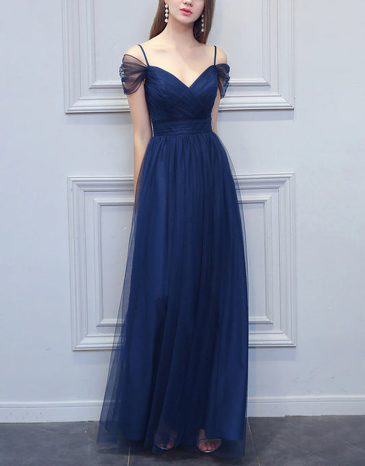 A-line Spaghetti Straps V-neck Long Tulle Bridesmaid Dress