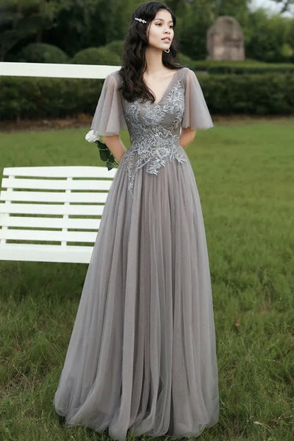 A Line Grey V Neck Short Sleeve Prom Dress With Appliques