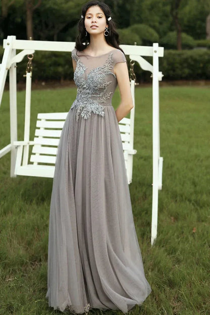 A Line Tulle Long Beading Prom Dress With Appliques