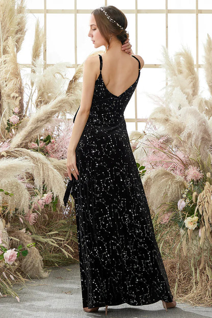 Sleek Glitter Sparking Spaghetti Straps Black Star Printed Wrap Prom Dress