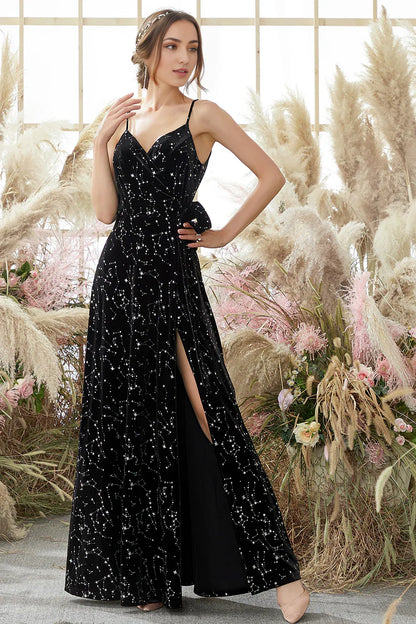 Sleek Glitter Sparking Spaghetti Straps Black Star Printed Wrap Prom Dress