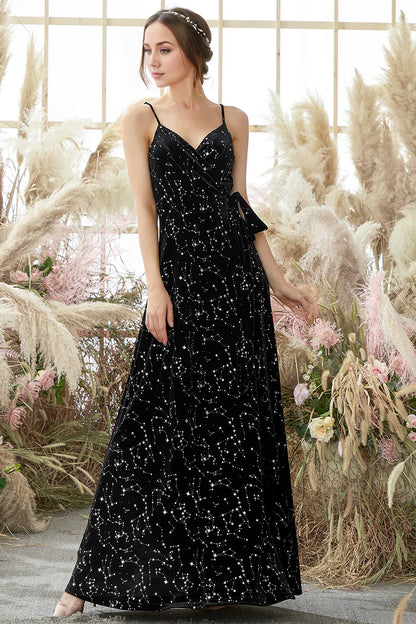 Sleek Glitter Sparking Spaghetti Straps Black Star Printed Wrap Prom Dress