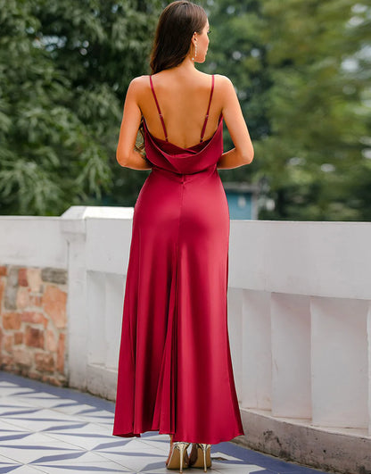 A Line Spaghetti Straps Satin Simple Bridesmaid Dress With Slit