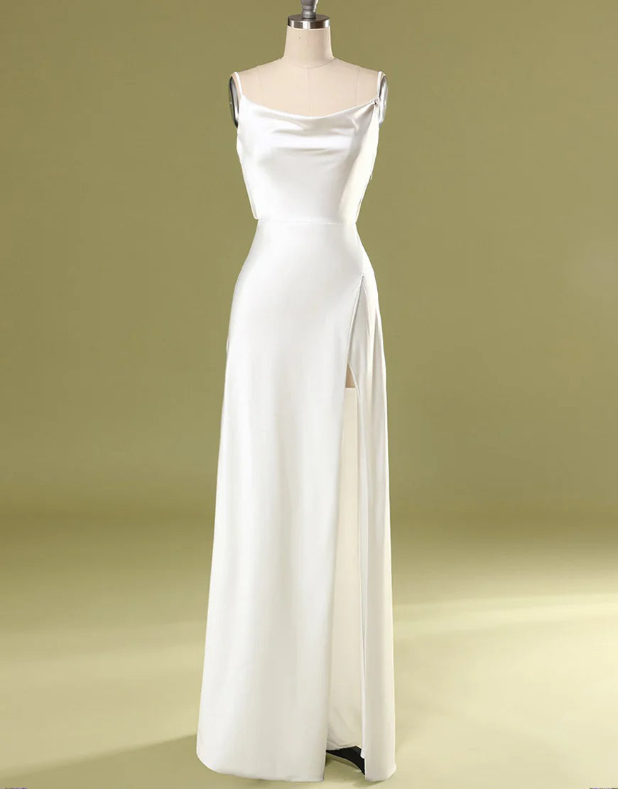 A Line Spaghetti Straps Satin Simple Bridesmaid Dress With Slit