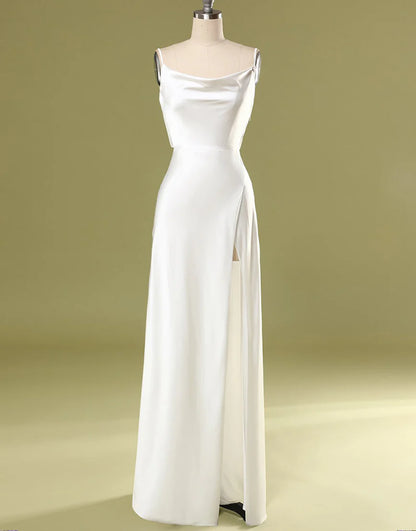 A Line Spaghetti Straps Satin Simple Bridesmaid Dress With Slit