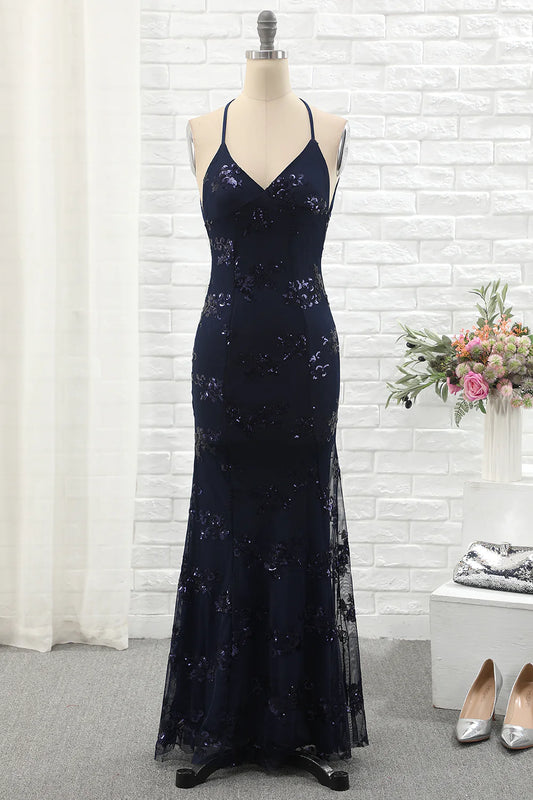 A Line Halter Neck Spaghetti Straps Mermaid Party Dress With Sequins